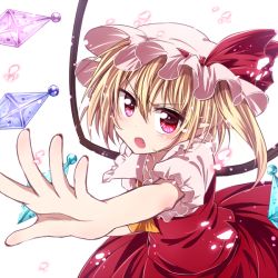 Rule 34 | 1girl, blonde hair, bow, fang, flandre scarlet, haiiro (immature), hat, hat bow, mob cap, open mouth, outstretched hand, pointy ears, red eyes, side ponytail, solo, touhou, wings