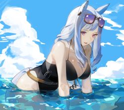 Rule 34 | 1girl, absurdres, animal ears, bare shoulders, belt, black belt, black one-piece swimsuit, blue sky, breasts, brown-framed eyewear, brown belt, cleavage, cloud, collarbone, commentary request, day, eggw0v0wegg, eyewear on head, gold ship (run revolt launcher) (umamusume), gold ship (umamusume), grey hair, highres, horse ears, horse girl, horse tail, large breasts, leaning forward, looking at viewer, one-piece swimsuit, outdoors, purple-tinted eyewear, purple eyes, sky, smile, solo, swimsuit, tail, tinted eyewear, umamusume, water