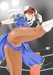 Rule 34 | 1girl, absurdres, ass, blush, boots, boxing ring, bracelet, breasts, brown eyes, brown hair, capcom, china dress, chinese clothes, chun-li, double bun, dress, earrings, fighting stance, highres, jewelry, kamo (nobuhide19790717), large breasts, leg up, legs, looking away, matching hair/eyes, pantyhose, parted lips, sex toy, solo, spiked bracelet, spikes, street fighter, thighs, vibrator, vibrator under clothes