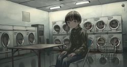 Rule 34 | black hair, ceiling light, chair, folding chair, hands on lap, indoors, jacket, laundromat, laundry basket, looking at viewer, original, reflection, reflective floor, short hair, sitting, table, tensen (dotted line), washing machine