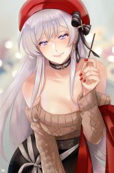 Rule 34 | 1girl, aran sweater, azur lane, belfast (azur lane), belfast (shopping with the head maid) (azur lane), beret, black ribbon, black skirt, breasts, brown sweater, cable knit, choker, cleavage, earrings, ebbilin, food, hat, holding, holding food, holding pocky, hoop earrings, jewelry, large breasts, light purple hair, long hair, looking at viewer, nail polish, off-shoulder sweater, off shoulder, official alternate costume, pocky, purple eyes, red hat, red nails, red shawl, ribbon, shawl, skirt, solo, standing, sweater