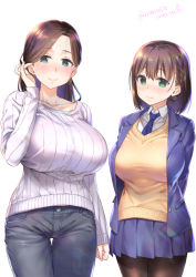 Rule 34 | 2girls, adjusting hair, ai-chan&#039;s mother (tawawa), ai-chan (tawawa), aqua eyes, arm at side, arms behind back, black legwear, blazer, blue jacket, blue skirt, blush, braid, breasts, brown hair, closed mouth, collarbone, collared shirt, denim, getsuyoubi no tawawa, green eyes, height difference, huge breasts, jacket, jeans, large breasts, long hair, long sleeves, looking at viewer, mature female, miniskirt, mother and daughter, multiple girls, nanase meruchi, necktie, nose blush, open clothes, open jacket, pants, pantyhose, pleated skirt, shirt, short hair, side braid, simple background, skirt, sleeves past wrists, smile, sweat, sweater, sweater vest, thigh gap, thighhighs, twitter username, unbuttoned, v-neck, white background, white sweater, wing collar, yellow sweater, yellow sweater vest