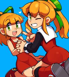 Rule 34 | 2girls, :d, ;d, ass, bare shoulders, black shirt, blonde hair, blue background, blunt bangs, boots, dress, dual persona, flat chest, frilled dress, frills, from behind, green eyes, green ribbon, hair between eyes, hair ribbon, heart, highres, holding hands, interlocked fingers, knee boots, lakilolom, long hair, long sleeves, looking at viewer, mega man (classic), mega man (series), multiple girls, no legwear, one eye closed, open mouth, panties, pantyshot, ponytail, red dress, red footwear, ribbon, roll (mega man), seiza, shirt, shoes, sidelocks, simple background, sitting, sleeveless, sleeveless dress, smile, teeth, undershirt, underwear, v, white panties