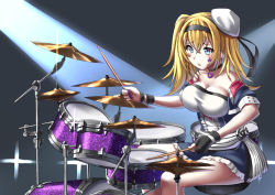 Rule 34 | 1girl, alternate costume, beret, black dress, black gloves, blonde hair, blue eyes, breasts, cleavage, commentary request, cowboy shot, cymbals, dress, drum, drum set, drumsticks, fingerless gloves, gambier bay (kancolle), gloves, hairband, hat, instrument, kantai collection, large breasts, mayura (lucadia), single glove, sitting, solo, spotlight, twintails, white headwear