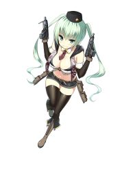 Rule 34 | 1girl, aqua eyes, aqua hair, belt, between breasts, black gloves, black thighhighs, blush, boots, breasts, cleavage, cleavage cutout, clothing cutout, detached sleeves, dual wielding, eyebrows, finger on trigger, full body, girls&#039; frontline, gloves, gun, hair between eyes, hat, highres, holding, holding gun, holding weapon, holster, large breasts, leaning forward, leg up, long sleeves, long twintails, looking at viewer, machine pistol, micro uzi, micro uzi (girls&#039; frontline), midriff, navel, necktie, necktie between breasts, official art, personification, short shorts, shorts, sky-freedom, smile, solo, submachine gun, thighhighs, transparent background, twintails, uzi, weapon