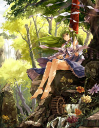 Rule 34 | 1girl, anklet, barefoot, breasts, dappled sunlight, detached sleeves, feet, flower, forest, frog, frog hair ornament, gohei, green hair, hair ornament, hair tubes, halo, happy, highres, impossible clothes, impossible shirt, jewelry, kochiya sanae, large breasts, legs, long hair, long legs, marigold, medium breasts, neko (yanshoujie), oonusa, outdoors, shide, sitting, skirt, smile, snake hair ornament, statue, sunlight, thighs, torii, touhou, translation request, tree, water wheel, waterfall, yellow eyes