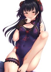 Rule 34 | 1girl, arm support, baozi, bare legs, barefoot, black gloves, black hair, blunt bangs, blush, breasts, bridal garter, brown eyes, china dress, chinese clothes, cleavage cutout, clothing cutout, commentary request, covered navel, dress, earrings, eating, food, gloves, highleg, highres, holding, holding food, idolmaster, idolmaster shiny colors, jewelry, knee up, long hair, looking at viewer, mayuzumi fuyuko, medium breasts, momo no kanzume, open mouth, pelvic curtain, purple dress, sidelocks, simple background, sitting, sleeveless, smile, solo, toes, two side up, white background