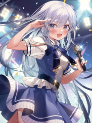 Rule 34 | 1girl, :d, arm up, blue bow, blue skirt, blurry, blurry background, blush, bow, breasts, confetti, depth of field, grey eyes, hair between eyes, hand up, holding, holding microphone, kanda done, looking at viewer, looking to the side, medium breasts, microphone, open mouth, original, puffy short sleeves, puffy sleeves, shirt, short sleeves, skirt, smile, solo, white hair, white shirt