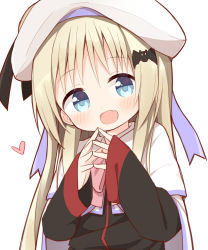 Rule 34 | 1girl, :d, ayanepuna, bat hair ornament, beret, black jacket, blonde hair, blue eyes, blush, bow, capelet, cloak, commentary request, fang, hair between eyes, hair ornament, hands up, hat, heart, highres, jacket, little busters!, long hair, long sleeves, looking at viewer, noumi kudryavka, open mouth, pink bow, simple background, sleeves past wrists, smile, solo, steepled fingers, upper body, very long hair, white background, white capelet, white cloak, white hat