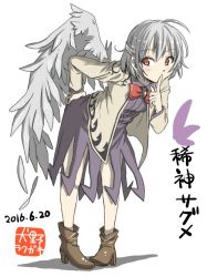 Rule 34 | 1girl, bent over, boots, character name, dated, feathered wings, finger to mouth, full body, hand on own hip, inuno rakugaki, jacket, kishin sagume, open clothes, open jacket, pigeon-toed, red eyes, single wing, solo, touhou, white background, white hair, white wings, wings