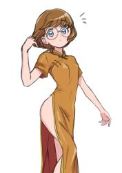 Rule 34 | 1girl, alternate costume, blue eyes, bob cut, brown hair, china dress, chinese clothes, covered navel, dot mouth, dot nose, dress, feet out of frame, glasses, hand up, highres, ichinose minori, knee up, looking at viewer, notice lines, orange dress, precure, round eyewear, short hair, short sleeves, side slit, solo, swept bangs, tankobukids, tropical-rouge! precure, white background