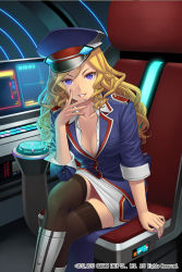 Rule 34 | 10s, 1girl, 2012, 2013, arm support, black thighhighs, blazer, blonde hair, boots, breasts, buttons, chair, cleavage, cockpit, crossed legs, emilia meepton, fingernails, formal, glowing, grin, hand to own mouth, hat, jacket, lipstick, long fingernails, long hair, looking at viewer, makeup, medium breasts, monitor, nail polish, official art, peaked cap, pencil skirt, purple eyes, red upholstery, sitting, skirt, skirt set, skirt suit, sleeves rolled up, smile, solo, square enix, star galaxy, suit, terumii, thighhighs, unbuttoned, uniform, wavy hair, wing collar, zettai ryouiki