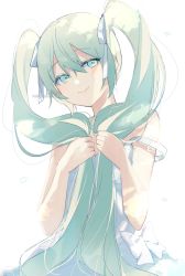 Rule 34 | 1girl, absurdres, bare arms, bare shoulders, bow, closed mouth, commentary request, dress, green eyes, green hair, grey bow, hair between eyes, hair bow, hands up, hatsune miku, heart, highres, holding, holding hair, long hair, signature, simple background, sleeveless, sleeveless dress, smile, sofra, solo, strap slip, twintails, twitter username, very long hair, vocaloid, white background, white bow, white dress