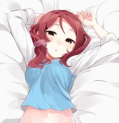 Rule 34 | 10s, 1girl, alternate hairstyle, arms up, bad id, bad pixiv id, bed sheet, blush, breasts, brown eyes, groin, hair ornament, hair over shoulder, hair scrunchie, half-closed eyes, head tilt, long hair, looking at viewer, love live!, love live! sunshine!!, low-tied long hair, lying, medium breasts, navel, on back, open mouth, raglan sleeves, red hair, sakurauchi riko, scrunchie, solo, totoki86, upper body