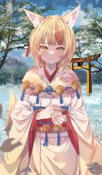 Rule 34 | 1girl, animal ear fluff, animal ears, blonde hair, blue sky, closed mouth, day, fire emblem, fire emblem fates, fire emblem heroes, fox ears, fox girl, fox tail, fuussu (21-kazin), gradient kimono, highres, japanese clothes, kimono, long sleeves, looking at viewer, multicolored hair, nintendo, official alternate costume, orange hair, outdoors, own hands together, sash, selkie (fire emblem), selkie (new year) (fire emblem), short hair, sky, smile, solo, split mouth, streaked hair, tail, tassel, torii, tree, two-tone hair, two-tone kimono, white kimono, wide sleeves, yellow eyes, yellow kimono