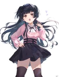 Rule 34 | 1girl, black hair, black skirt, black thighhighs, breasts, brown eyes, commentary request, feet out of frame, hand on own hip, hand up, heart, highres, idolmaster, idolmaster shiny colors, long hair, long sleeves, mayuzumi fuyuko, omelet tomato, pink shirt, pleated skirt, puffy long sleeves, puffy sleeves, shirt, signature, simple background, skirt, small breasts, solo, thighhighs, two side up, v-shaped eyebrows, very long hair, white background