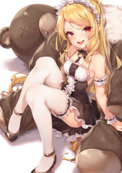 Rule 34 | 1girl, :d, absurdres, black dress, blonde hair, blush, breasts, de da xianyu, dress, frills, highres, knees up, long hair, looking at viewer, maid, maid headdress, medium breasts, open mouth, original, red eyes, sitting, smile, solo, stuffed animal, stuffed toy, teddy bear, teeth, thick eyebrows, thighhighs, wavy hair, white thighhighs