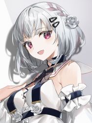 Rule 34 | 1girl, absurdres, bare shoulders, black bow, black bowtie, bow, bowtie, breasts, choker, commentary request, detached sleeves, dress, flower, grey background, grey flower, grey hair, hair flower, hair ornament, hairclip, heart, heart choker, heart o-ring, heart o-ring, highres, looking at viewer, medium breasts, mikanoisi, open mouth, original, pink eyes, sailor collar, short hair, smile, solo, strapless, strapless dress, two-tone background, upper body, white background, white dress, white sailor collar, white sleeves
