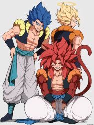 Rule 34 | 3boys, abs, baggy pants, biceps, blonde hair, blue eyes, blue hair, closed mouth, commentary request, dragon ball, dragon ball gt, dragon ball super, gogeta, grey background, grin, halo, hands on own hips, highres, large pectorals, looking at viewer, metamoran vest, monkey boy, monkey tail, multiple boys, muscular, muscular male, pants, pectorals, red hair, sash, sideways glance, simple background, sitting, smile, spiked hair, standing, super saiyan, super saiyan 4, tail, tsuki 0960, twitter username, wrist cuffs