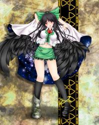 Rule 34 | 1girl, adapted costume, arms behind head, bad id, bad pixiv id, black hair, black wings, blush, bow, breasts, cape, female focus, hair bow, highres, large breasts, large wings, long hair, midriff, navel, nekokotei, open mouth, red eyes, reiuji utsuho, smile, solo, third eye, touhou, wings