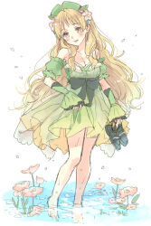 Rule 34 | 1girl, ahoge, atelier (series), atelier ayesha, ayesha altugle, bare shoulders, barefoot, blonde hair, blue flower, bow, breasts, cleavage, clothes lift, dress, dress bow, dress lift, flower, green bow, green dress, green footwear, green headwear, hair flower, hair ornament, hani (udauda), holding, holding shoes, leaf, lifting own clothes, long hair, medium breasts, orange eyes, pink flower, puffy short sleeves, puffy sleeves, purple flower, ribbon, shoes, unworn shoes, short sleeves, simple background, sleeve ribbon, solo, standing, very long hair, wading, water, wavy hair, white background, white ribbon