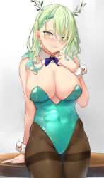 Rule 34 | 1girl, absurdres, antlers, arm support, art itou, bare shoulders, blush, bow, bowtie, braid, braided bangs, branch, breasts, brown pantyhose, ceres fauna, cleavage, covered navel, cowboy shot, detached collar, earrings, flower, green hair, green leotard, green nails, groin, hair between eyes, hair flower, hair ornament, hand on own chest, highres, hololive, hololive english, horns, jewelry, large breasts, leotard, long hair, looking at viewer, mole, mole under eye, multicolored hair, nail polish, nontraditional playboy bunny, pantyhose, parted bangs, playboy bunny, purple bow, purple bowtie, simple background, single braid, smile, solo, standing, strapless, strapless leotard, table, thighband pantyhose, virtual youtuber, white background, wrist cuffs, yellow eyes