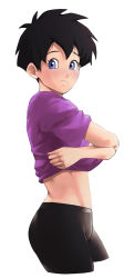 Rule 34 | 1girl, black hair, black pants, blue eyes, closed mouth, clothes lift, cowboy shot, cropped legs, dragon ball, from side, frown, highres, lifting own clothes, looking at viewer, looking to the side, pants, purple shirt, shirt, shirt lift, short hair, short sleeves, simple background, skin tight, solo, tuzi717, undressing, videl, white background