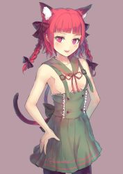 Rule 34 | 1girl, :d, adapted costume, animal ears, bare arms, bare shoulders, black bow, bow, braid, breasts, cat ears, cat tail, collarbone, cowboy shot, culter, detached collar, dress, extra ears, eyelashes, green dress, hair ribbon, kaenbyou rin, multiple tails, no bra, open mouth, pleated dress, purple background, red eyes, red hair, red ribbon, ribbon, sailor collar, sideboob, signature, simple background, small breasts, smile, solo, tail, touhou, twin braids, twitter username