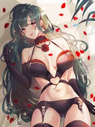Rule 34 | 1girl, absurdres, alracoco, black bra, black gloves, black panties, black thighhighs, blush, bra, breasts, choker, earrings, elbow gloves, flower, garter belt, garter straps, gloves, green hair, head tilt, heart o-ring, heart ring top, highres, huge filesize, jewelry, large breasts, light particles, lingerie, long hair, looking at viewer, lying, mole, mole under eye, mole under mouth, navel, necklace, on back, original, panties, petals, red eyes, red flower, red lips, red rose, rose, sidelocks, solo, stomach, thighhighs, underwear, very long hair, wavy hair