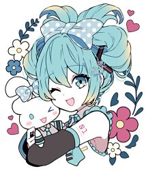 Rule 34 | 1girl, 1other, :3, animal, animal hug, blonde hair, blue eyes, blue hair, blue necktie, bow, cheek poking, cinnamiku, cinnamoroll, colored skin, commentary request, cosplay, detached sleeves, double bun, ear bow, elina (e2n04n), flower (symbol), frilled shirt, frills, gradient hair, hair between eyes, hair bow, hair bun, hatsune miku, hatsune miku (cosplay), heart, hug, looking at viewer, multicolored hair, necktie, negative space, one eye closed, open mouth, poking, polka dot, polka dot bow, sanrio, shirt, sidelocks, signature, simple background, smile, tie clip, updo, vocaloid, white background, white skin
