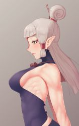 Rule 34 | 1girl, arched back, arms behind back, blunt bangs, blush, breasts, closed mouth, eyelashes, facial tattoo, grey hair, hair bun, hair ornament, hairpin, highres, jewelry, large breasts, long hair, medium breasts, muscular, muscular female, necklace, nintendo, paya (zelda), pink lips, pointy ears, profile, putcher, sideboob, sidelocks, single hair bun, solo, tattoo, the legend of zelda, upper body