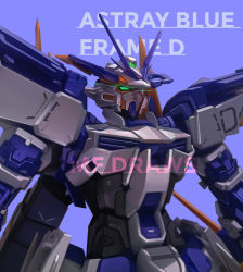 Rule 34 | absurdres, artist name, blue background, brayanong999, character name, close-up, commentary, english commentary, glowing, glowing eyes, green eyes, gundam, gundam astray blue frame, gundam astray blue frame d, gundam seed, gundam seed destiny, gundam seed destiny astray b, highres, looking ahead, mecha, mixed-language commentary, no humans, robot, simple background, solo, upper body, v-fin, watermark