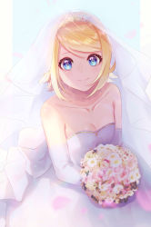 Rule 34 | absurdres, bare shoulders, blonde hair, blue eyes, blurry, blurry foreground, bouquet, bow, bridal veil, bride, collarbone, commentary, diffraction spikes, dress, dress bow, elbow gloves, flower, gloves, highres, holding, holding bouquet, kagamine rin, looking at viewer, mipi, petals, short hair, sidelighting, sleeveless, sleeveless dress, smile, solo, sparkle, strapless, strapless dress, swept bangs, veil, vocaloid, wedding dress, white dress, white gloves
