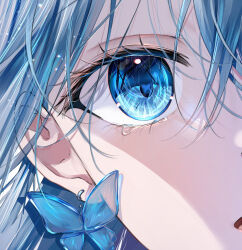 Rule 34 | 1girl, blue eyes, blue hair, butterfly-shaped pupils, butterfly earrings, chromatic aberration, close-up, commentary, crying, crying with eyes open, earrings, eye focus, hair between eyes, jewelry, light particles, looking at viewer, mahiru yura, open mouth, original, shade, solo, sparkle, symbol-only commentary, symbol-shaped pupils, tears, white background