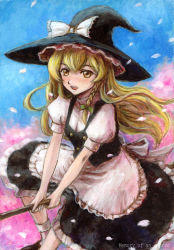 Rule 34 | 1girl, blonde hair, blush, braid, broom, cherry blossoms, female focus, gradient background, hat, kirisame marisa, nature, oil painting (medium), outdoors, painting (medium), plant, skirt, sky, solo, tafuto, touhou, traditional media, witch, witch hat, yellow eyes