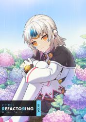 Rule 34 | 1girl, android, another code (elsword), artist request, black capelet, boots, capelet, clear sky, elsword, eve (elsword), facial mark, feet out of frame, flower, flower request, forehead jewel, frown, gloves, hugging own legs, hydrangea, looking at viewer, official art, on floor, rain, robot ears, shirt, sitting, sky, solo, tattoo, thigh boots, wet, white footwear, white shirt, yellow eyes
