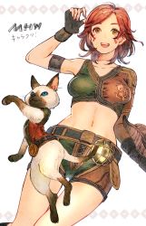 Rule 34 | 1girl, :d, animal, armband, black gloves, breasts, cat, clothed animal, copyright name, cross-laced clothes, facial mark, felyne, fingerless gloves, fingernails, gloves, hand up, highres, kuroimori, looking at viewer, medium breasts, monster hunter (series), monster hunter: world, navel, open mouth, orange eyes, red hair, short hair, shorts, siamese cat, simple background, single bare shoulder, single sleeve, smile, teeth, white background