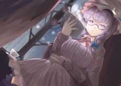 Rule 34 | 1girl, bespectacled, blue bow, book, bow, breasts, commentary, crescent, dress, dutch angle, from below, glasses, hair bow, hat, holding, holding book, indoors, long hair, long sleeves, looking at viewer, mob cap, night, patchouli knowledge, purple eyes, purple hair, ribbon, sinzan, solo, striped, touhou