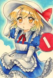 Rule 34 | 1girl, blonde hair, blue dress, bow, commentary request, dress, elbow gloves, frilled dress, frilled gloves, frills, gloves, hat, hat bow, highres, kana anaberal, maa (forsythia1729), marker (medium), medium hair, open mouth, puffy short sleeves, puffy sleeves, red bow, red ribbon, ribbon, road sign, short sleeves, sign, sun hat, touhou, touhou (pc-98), traditional media, wavy hair, white gloves, white hat, yellow eyes
