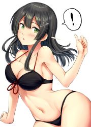 Rule 34 | !, 1girl, :o, alternate costume, bare arms, bare shoulders, bikini, black bikini, black hair, blush, breasts, collarbone, commentary, cowboy shot, front-tie bikini top, front-tie top, green eyes, groin, hair ornament, hairclip, halterneck, highres, ichikawa feesu, kantai collection, large breasts, long hair, looking at viewer, navel, open mouth, oyashio (kancolle), revision, simple background, sitting, skindentation, solo, stomach, suggestive fluid, swimsuit