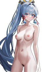 Rule 34 | 1girl, arms at sides, ayaka (genshin impact), blue eyes, blue hair, blunt ends, blush, breasts, breasts apart, bright pupils, censored, chinese commentary, closed mouth, collarbone, commentary request, completely nude, cowboy shot, curvy, eyelashes, genshin impact, gluteal fold, groin, hair between eyes, hair intakes, hair ribbon, highres, long hair, looking at viewer, medium breasts, midriff, navel, nipples, nude, ponytail, pussy, red ribbon, ribbon, shibanme tekikumo, sidelighting, sidelocks, simple background, smile, solo, stomach, tress ribbon, tsurime, very long hair, white background