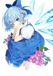Rule 34 | 1girl, barefoot, blue dress, blue hair, bow, cirno, clover, dress, fairy wings, flower, flower ring, four-leaf clover, hair bow, ice, ice wings, jewelry, puffy short sleeves, puffy sleeves, ring, short hair, short sleeves, simple background, sukja, touhou, white background, wings