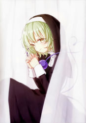 Rule 34 | 1girl, absurdres, alternate costume, closed mouth, green eyes, green hair, habit, hands up, heart, heart of string, highres, honotai, interlocked fingers, komeiji koishi, looking at viewer, nun, own hands together, robe, scan, see-through, sitting, smile, solo, third eye, touhou, traditional nun