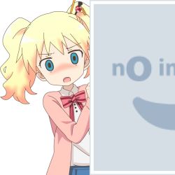 Rule 34 | 10s, 1girl, :o, alice cartelet, blonde hair, blue eyes, blue skirt, blush, bowtie, collared shirt, cowboy shot, kin-iro mosaic, long sleeves, looking at viewer, mugen ouka, no image, nose blush, open mouth, peeking out, pixiv, pleated skirt, scared, shirt, short hair, simple background, skirt, solo, striped bow, striped bowtie, striped clothes, sweatdrop, twintails, vector trace, white background, white shirt