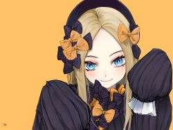 Rule 34 | 1girl, abigail williams (fate), black bow, black dress, black hat, blonde hair, blue eyes, blush, bow, breasts, dress, fate/grand order, fate (series), forehead, hair bow, hat, long hair, long sleeves, looking at viewer, miaryayaya, multiple hair bows, orange bow, parted bangs, polka dot, polka dot bow, ribbed dress, sleeves past fingers, sleeves past wrists, small breasts, smile, solo, yellow background