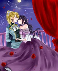 Rule 34 | 2girls, ayase eli, balcony, bare shoulders, blonde hair, blue eyes, blush, breasts, crossdressing, curtains, dress, e len, earrings, flower, full moon, gloves, green eyes, hair ribbon, highres, holding hands, imminent kiss, jewelry, light smile, long hair, looking at another, love live!, love live! school idol festival, love live! school idol project, moon, multiple girls, night, petals, ponytail, purple dress, purple hair, red curtains, ribbon, rose, rose petals, sketch, smile, tojo nozomi, yuri