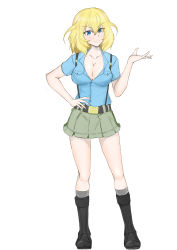 Rule 34 | 1girl, absurdres, aoshidan school uniform, artist request, black footwear, blonde hair, blue eyes, blue jacket, blush, boots, breasts, cleavage, closed mouth, collarbone, full body, girls und panzer, green skirt, hand on own hip, highres, jacket, large breasts, looking at viewer, miniskirt, no bra, oshida (girls und panzer), school uniform, short hair, simple background, skirt, smile, solo, standing, white background