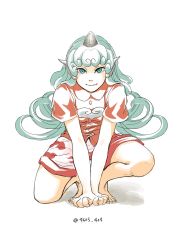 Rule 34 | 1girl, animal ears, bare legs, buttons, closed mouth, commentary request, curly hair, full body, green eyes, green hair, green nails, heart, highres, horns, komano aunn, long hair, looking at viewer, nail polish, on one knee, red shirt, shiratama (irodoli), shirt, short sleeves, shorts, single horn, smile, solo, squatting, toenail polish, toenails, touhou, twitter username, very long hair, white shorts
