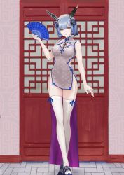Rule 34 | 1girl, absurdres, alternate costume, azur lane, baozi, black flower, blue hair, breasts, china dress, chinese clothes, cleavage, cleavage cutout, clothing cutout, cross, cross necklace, dress, flower, folding fan, food, full body, garter straps, gascogne (azur lane), hair flower, hair ornament, hand fan, headgear, highres, holding, holding fan, huge filesize, jewelry, large breasts, looking at viewer, necklace, pelvic curtain, short dress, side slit, sleeveless, sleeveless dress, solo, thighhighs, tomozou-1971, vichya dominion (emblem), white thighhighs, yellow eyes