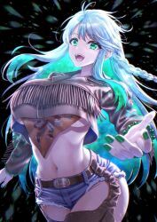 Rule 34 | 1girl, belt buckle, blue hair, blush, breasts, buckle, colored inner hair, fate/grand order, fate (series), fringe trim, green eyes, green hair, highres, kukulkan (fate), kukulkan (first ascension) (fate), large breasts, light blue hair, long hair, long sleeves, looking at viewer, multicolored hair, navel, open mouth, outstretched arm, smile, solo, thighhighs, thighs, underboob, youshuu
